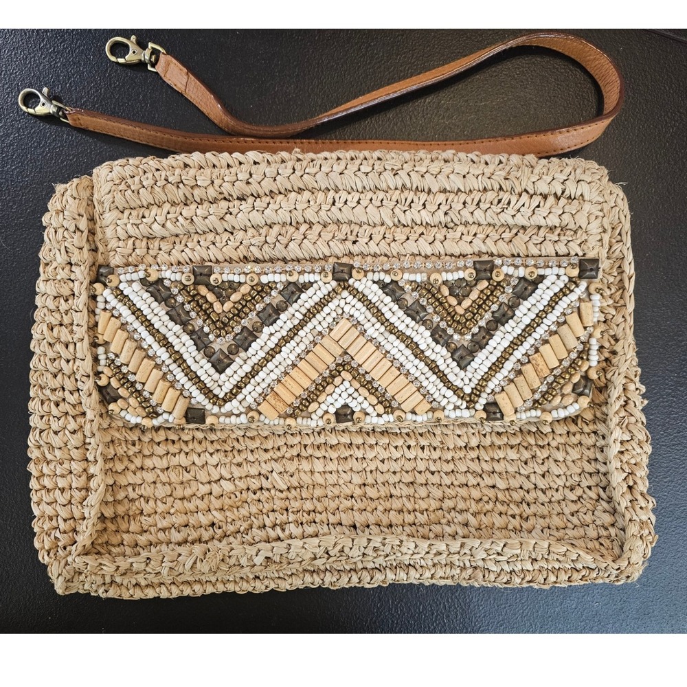 Vtg Tommy Bahama Crossbody Bag Womens Medium Beige Beaded Straw Boho Clutch 740